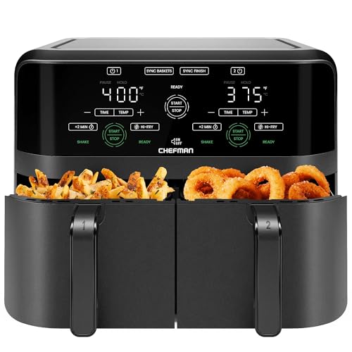 Chefman 6 Quart Dual Basket Air Fryer – Digital Touchscreen, Smart Sync Finish, Hi-Fry, Auto Shutoff, 2 Independent 3QT Nonstick Dishwasher-Safe Frying Baskets – Digital Double Air Fryer – Black