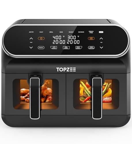 TOPZEE 8 Quart Large Air Fryer – Dual Basket Airfryer with Easy View Windows, Preheat, Air Fry, Roast, Broil, Bake, Dehydrate, 2 Independent 4 QT Nonstick Dishwasher Safe Baskets, Black