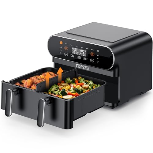 TOPZEE 11-QT Large Air Fryer – 8 in 1 XL Airfryer with Flex Basket, Divider for Dual Cooking, Preheat, Air Fry, Roast, Broil, Bake, Reheat, Dehydrate, French Fries, Dishwasher Safe, Black