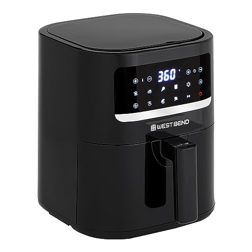 West Bend Compact Air Fryer 5-Quart Capacity with Digital Controls LCD Display and 10 Cooking Presets with Shake Reminder, Nonstick Frying Basket, 1500-Watts, Black