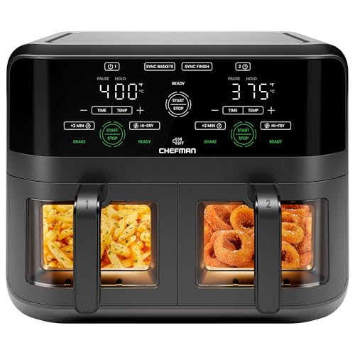 CHEFMAN 6 Quart Dual Basket Air Fryer Oven with Easy View Windows, Sync Finish, Hi-Fry, Auto Shutoff, 2 Independent 3Qt Nonstick Dishwasher Safe Frying Baskets, Digital Double Air Fryer – Black