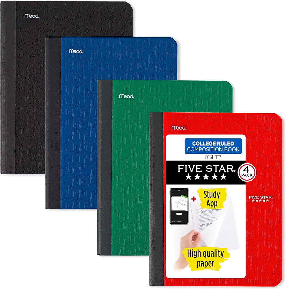 Five Star Composition Book + Study App, 4 Pack, Wide Ruled Paper, 7-1/2" x 9-3/4", 80 Sheets, Forest Green, Tidewater Blue, Fire Red and Harvest Yellow (950033B-ECM)