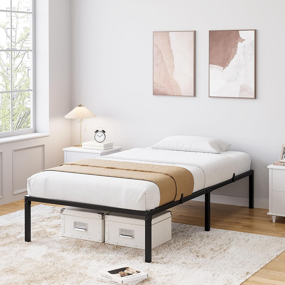 IDEALHOUSE 14 Inch Twin Bed Frame No Box Spring Needed, Heavy Duty Metal Platform Bed Frame Twin Size for Bedroom Easy Assembly, Noise Free, Black, Twin