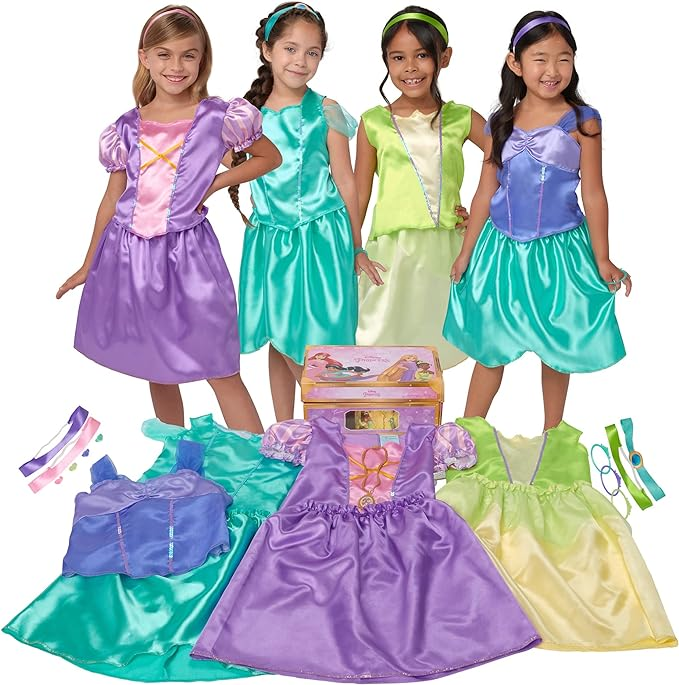 Disney Princess Dress Up Trunk – 21-Piece Deluxe Costume Set Featuring Ariel, Jasmine, Tiana & Rapunzel Outfits with Accessories & Storage Trunk – Amazon Exclusive