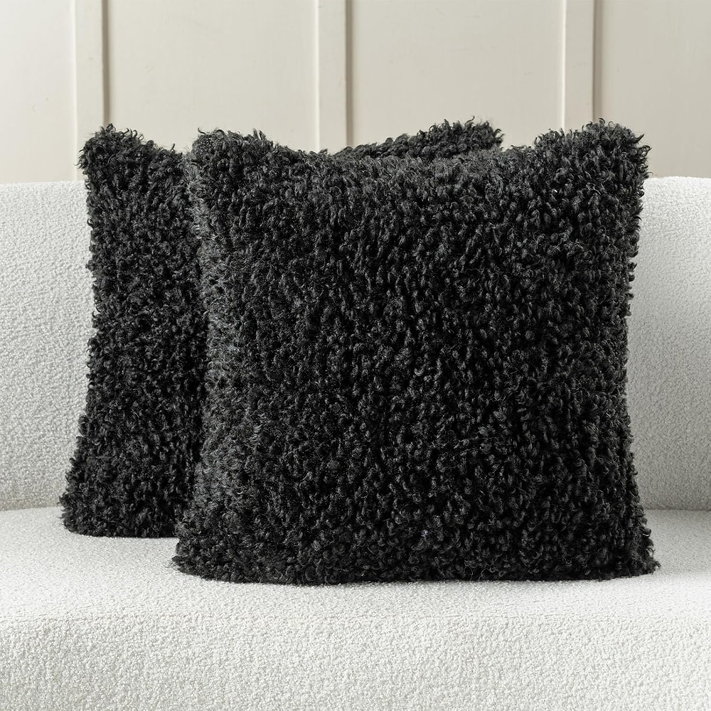 FUTEI Black Decorative Throw Pillow Covers 16×16 Inch Set of 2,Soft Fluffy Faux Wool Fur Boucle Textured Cushion Case,Modern Home Decor for Couch Bed Living Room Office