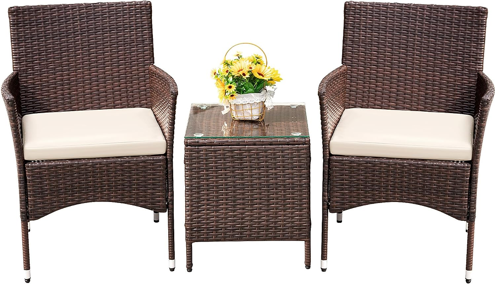 Devoko Patio Porch Furniture Sets 3 Pieces PE Rattan Wicker Chairs with Table Outdoor Garden Furniture Sets (Brown/Beige)