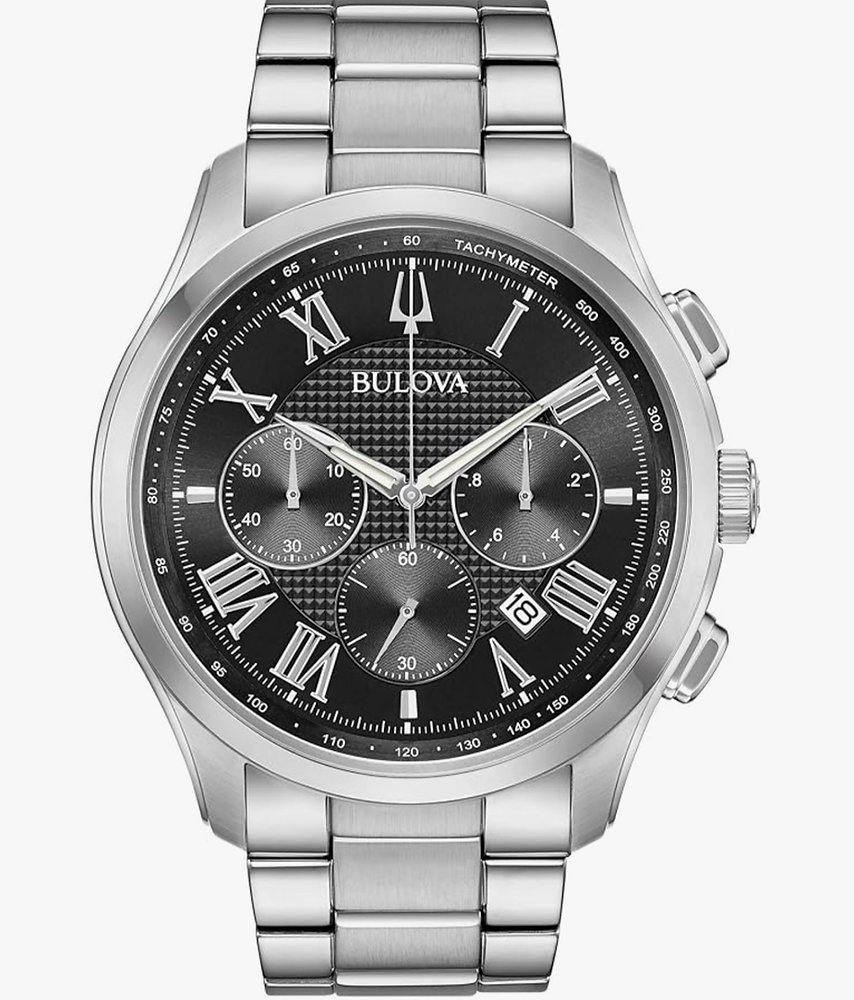 Bulova Men’s Classic Wilton 3-Hand 21-Jewel Watch, 60 Hour Power Reserve, Luminous Hands, Open Aperture, Roman Numeral Markers Domed Sapphire Crystal, 43mm, Stainless Steel/Black Dia