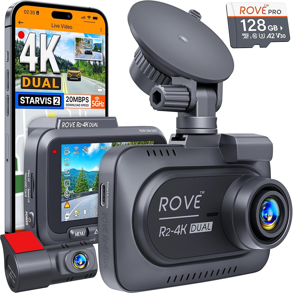 ROVE R2-4K DUAL Dash Cam Front and Rear, STARVIS 2 Sensor, FREE 128GB Card Included, 5G WiFi