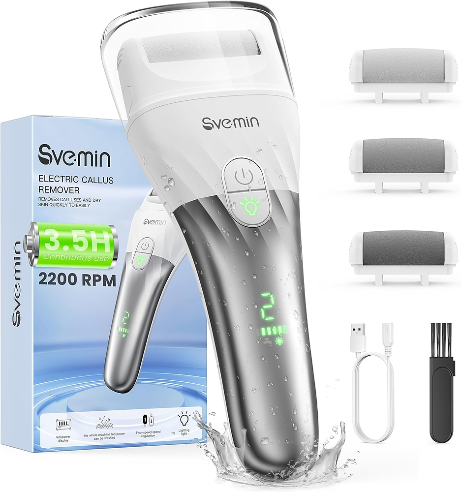 Electric Callus Remover for Feet – 2-Speed Rechargeable Pedicure Kit with 3 Rollers, IPX4 Waterproof Foot Scrubber & Digital Display